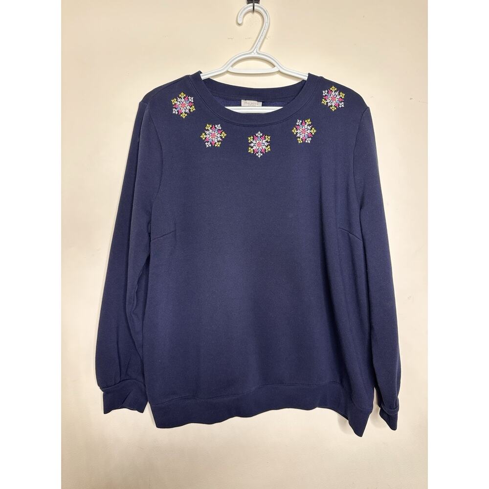 Talbots Size XLP Navy Crew Neck Pull Over Sweatshirt Embroidered Colorful Snow